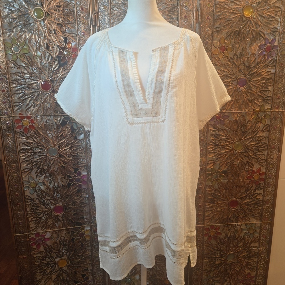 Eddie Bauer Cotton Gauzy Embroidered Boho Peasant Short Sleeve V Neck Tunic XXL